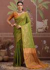 Parrot Green Tussar Silk Saree with Orange Contrast Blouse