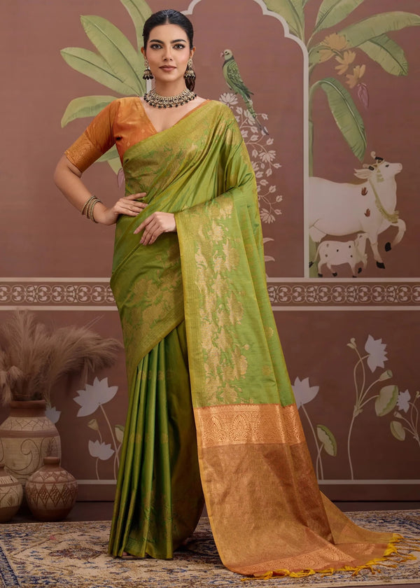 Parrot Green Tussar Silk Saree with Orange Contrast Blouse