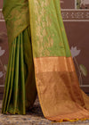 Parrot Green Tussar Silk Saree with Orange Contrast Blouse