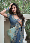 Pastel blue Embroidered Designer Tissue Silk Saree