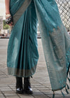 Pastel Blue Handloom Satin Silk Saree With Tassels