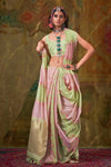 Pastel Pink and Light Green Organza Silk Saree