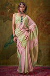 Pastel Pink and Light Green Organza Silk Saree