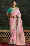 Pastel Pink Designer Banarasi Dola Silk Saree With Golden Zari Work