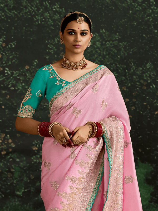 Pastel Pink Designer Banarasi Dola Silk Saree With Golden Zari Work