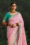 Pastel Pink Designer Banarasi Dola Silk Saree With Golden Zari Work