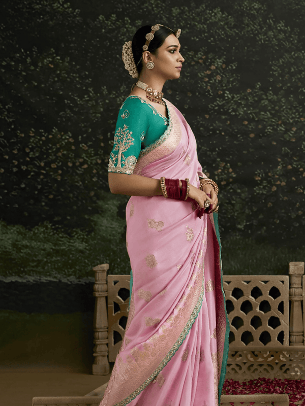 Pastel Pink Designer Banarasi Dola Silk Saree With Golden Zari Work