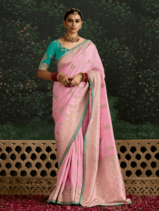Pastel Pink Designer Banarasi Dola Silk Saree With Golden Zari Work