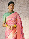 Pastel Pink Zari Woven Banarasi Silk Saree With Contrast Blouse