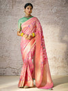 Pastel Pink Zari Woven Banarasi Silk Saree With Contrast Blouse