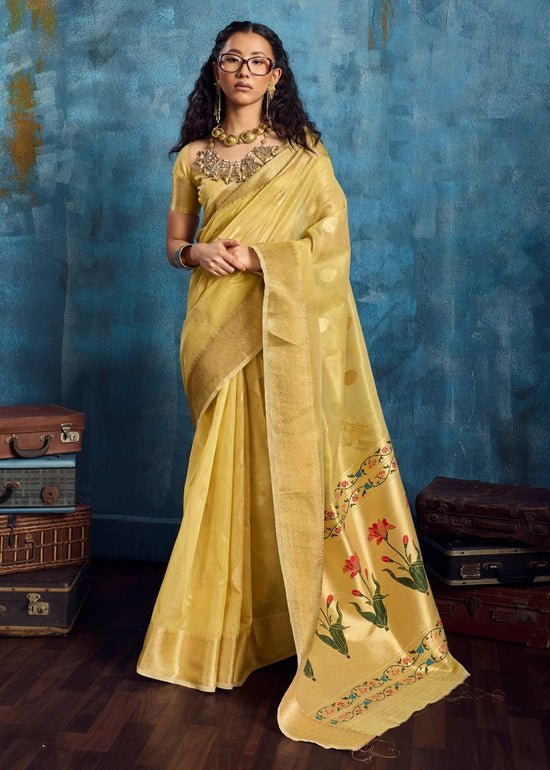 Pastel Yellow Paithani Tissue Silk Saree