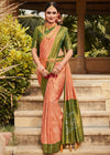 Peach and Green Woven Kanjivaram Silk Saree