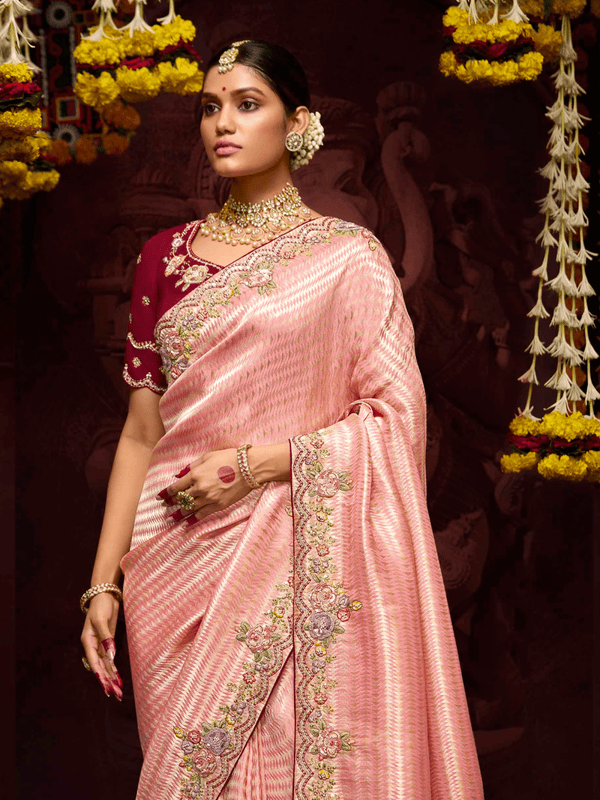 Peach Banarasi Designer Silk Saree With Contrast Blouse