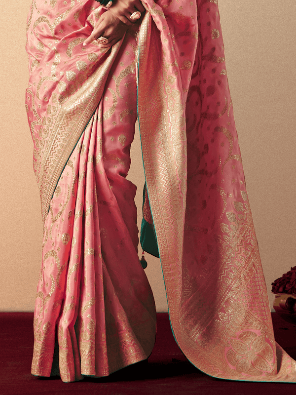 Peach Banarasi Silk Saree With Contrast Blouse