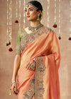 Peach Bridal Zari Woven Pure Tissue Dola Silk Saree