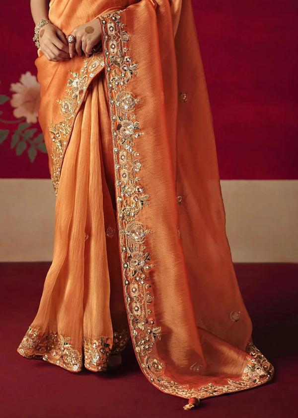 Peach Orange Designer Silk Saree with Contrast Blouse