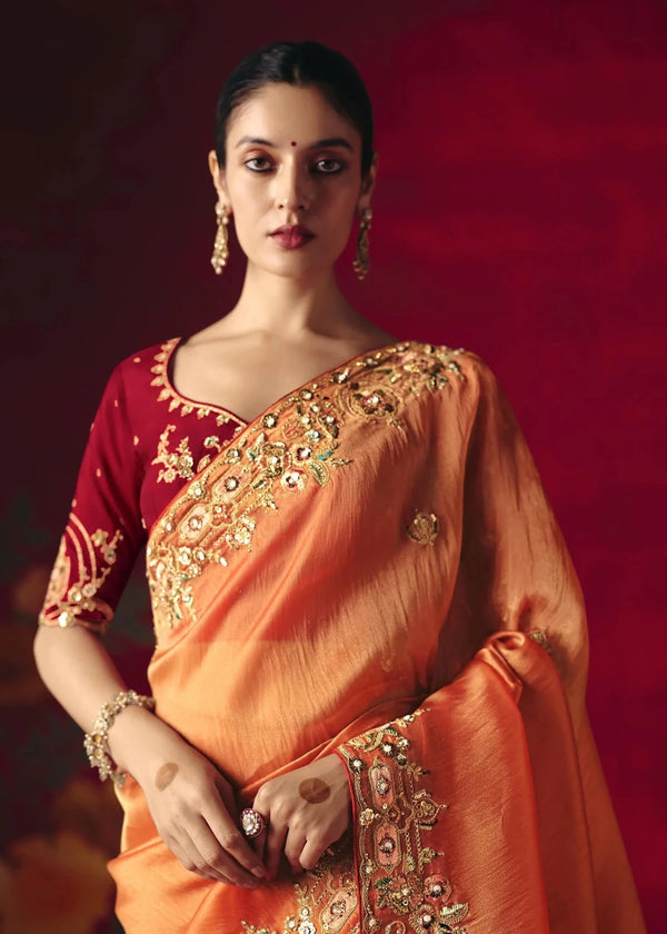Peach Orange Designer Silk Saree with Contrast Blouse