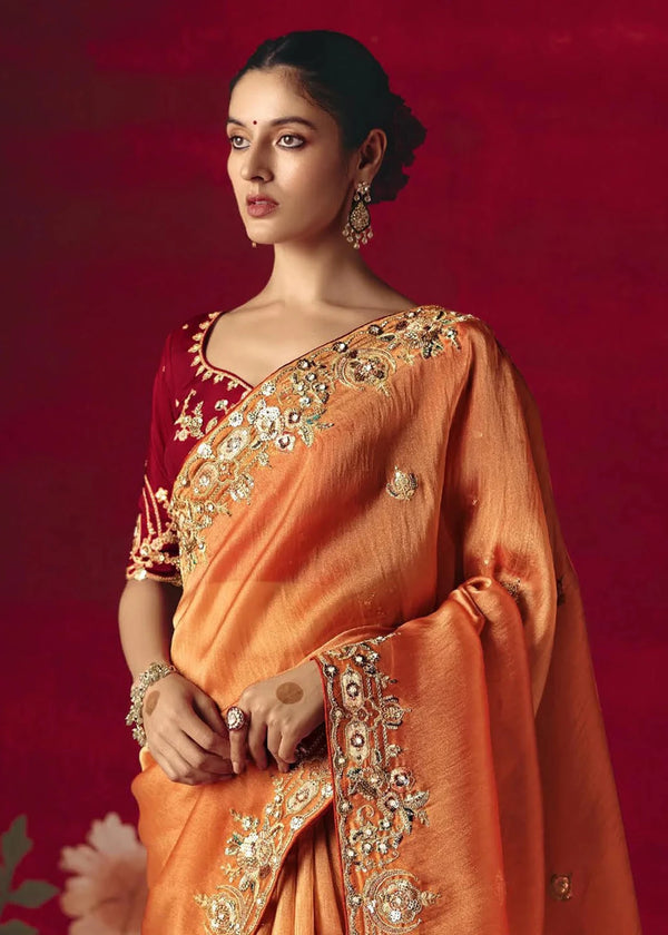 Peach Orange Designer Silk Saree with Contrast Blouse