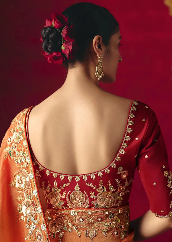 Peach Orange Designer Silk Saree with Contrast Blouse