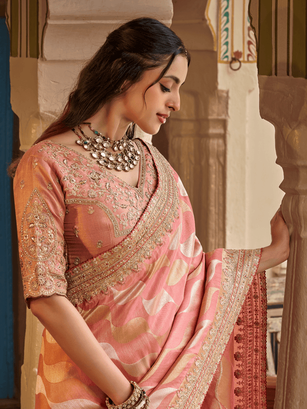 Peach Orange Embroidered Designer Tissue Silk Saree