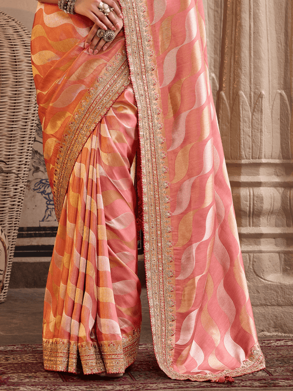 Peach Orange Embroidered Designer Tissue Silk Saree