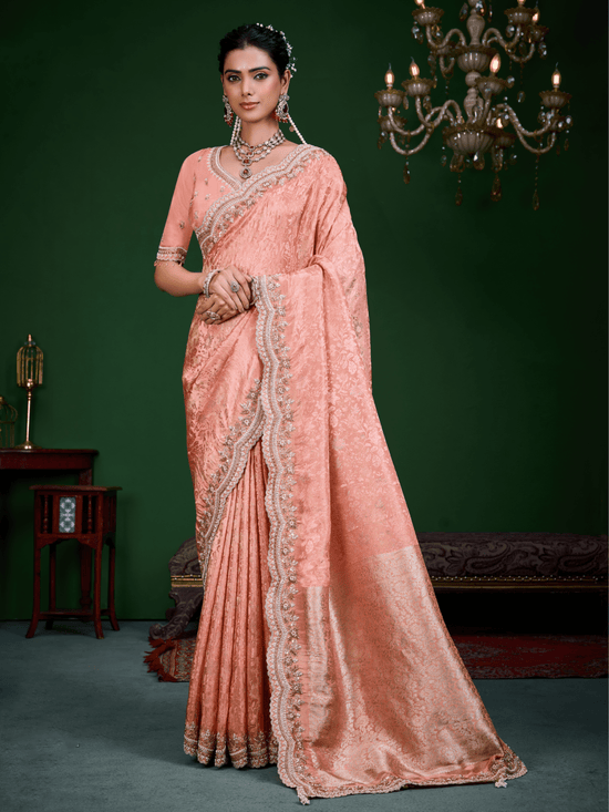 Peach Pink Banarasi Tissue Silk Saree