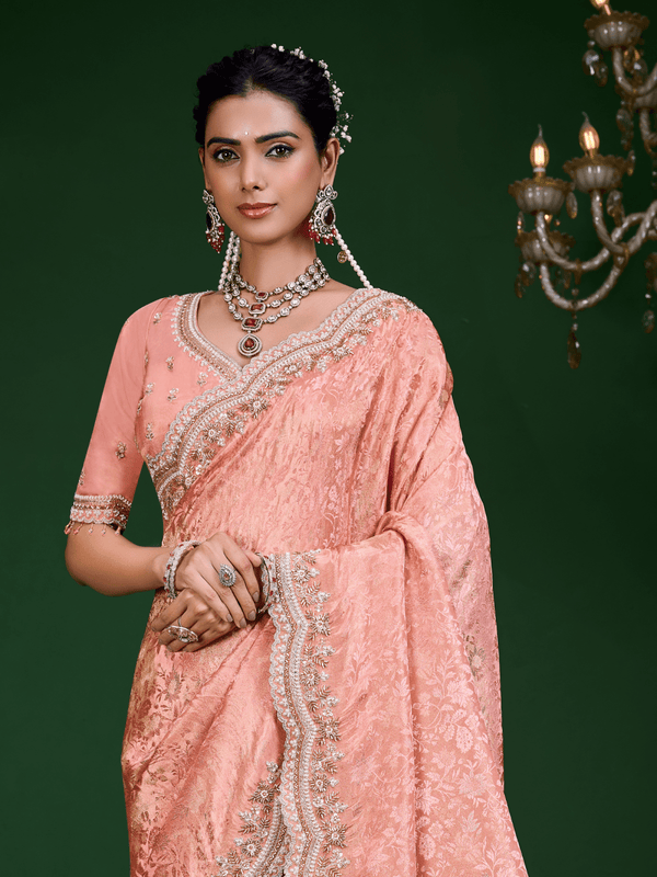 Peach Pink Banarasi Tissue Silk Saree