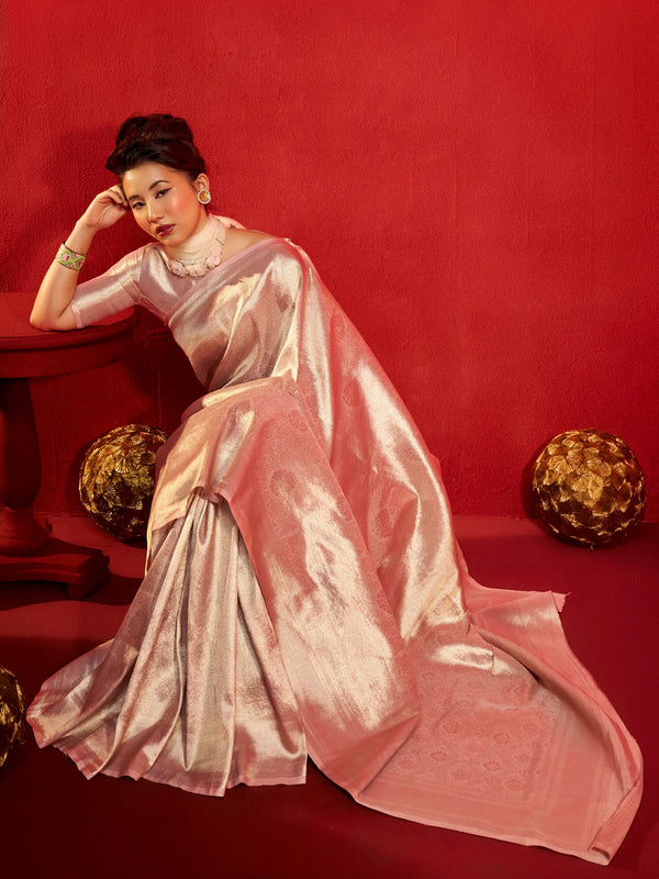 Peach Pink Banarasi Tissue Silk Saree