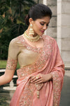 Peach Pink Banarasi Tissue Silk Saree With Embroidery