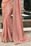 Peach Pink Banarasi Tissue Silk Saree With Embroidery