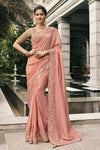 Peach Pink Banarasi Tissue Silk Saree With Embroidery