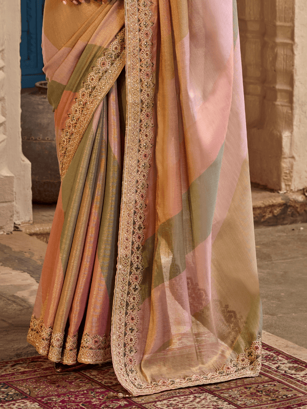 Peach Pink Embroidered Designer Tissue Silk Saree
