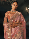 Peach Pink Embroidered Designer Tissue Silk Saree