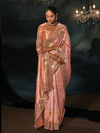 Peach Pink Embroidered Designer Tissue Silk Saree
