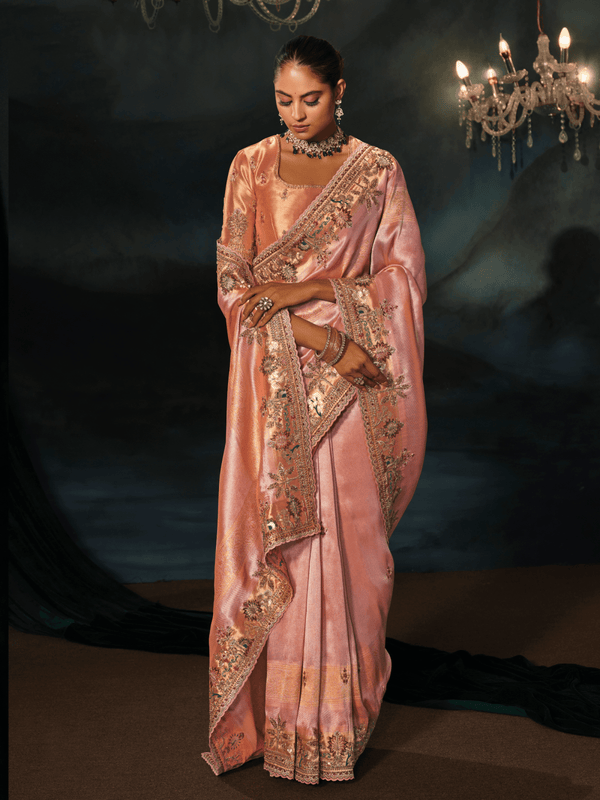 Peach Pink Embroidered Designer Tissue Silk Saree