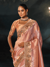 Peach Pink Embroidered Designer Tissue Silk Saree