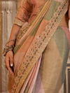 Peach Pink Embroidered Designer Tissue Silk Saree