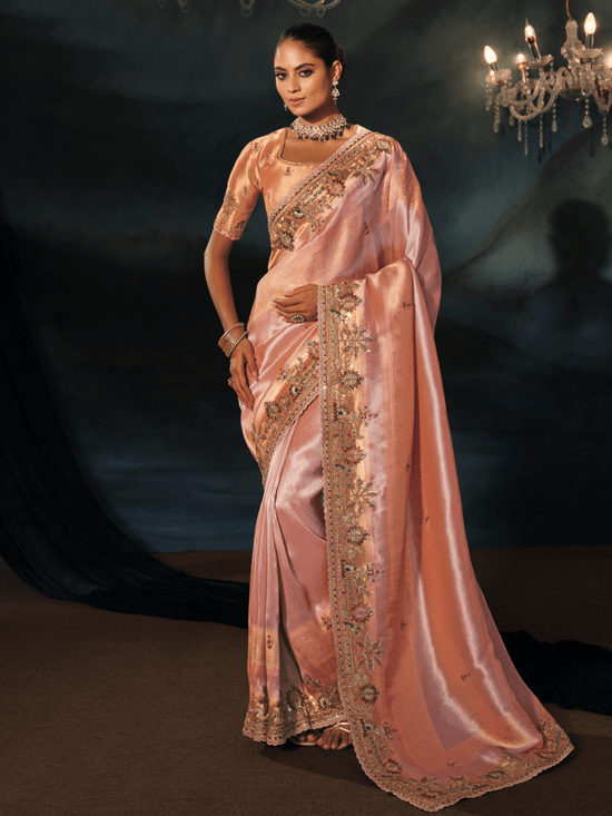 Peach Pink Embroidered Designer Tissue Silk Saree