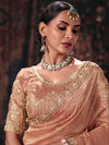 Peach Pink Embroidered Designer Tissue Silk Saree, blouse close-up