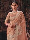 Peach Pink Embroidered Designer Tissue Silk Saree, pallu and blouse