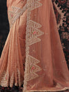 Peach Pink Embroidered Designer Tissue Silk Saree, border and drape