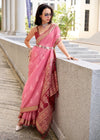 Peach Pink Zari Woven Soft Silk Saree With Ikat Pallu