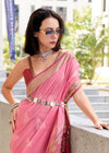 Peach Pink Zari Woven Soft Silk Saree With Ikat Pallu