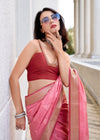 Peach Pink Zari Woven Soft Silk Saree With Ikat Pallu