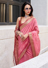 Peach Pink Zari Woven Soft Silk Saree With Ikat Pallu