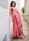 Peach Pink Zari Woven Soft Silk Saree With Ikat Pallu