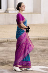 Peacock Blue Banarasi Silk Saree With Zari Border