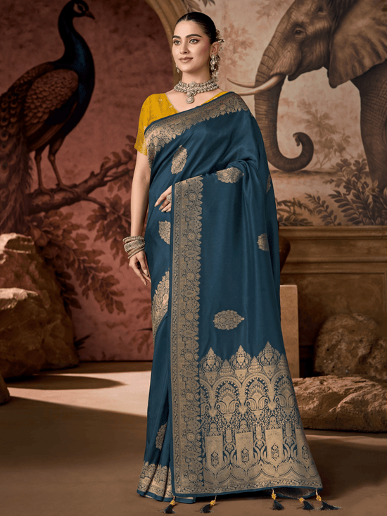 Peacock Blue Banarasi Soft Silk Saree With Contrast Blouse