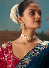 Peacock Blue Georgette Silk Saree with Red Contrast Blouse