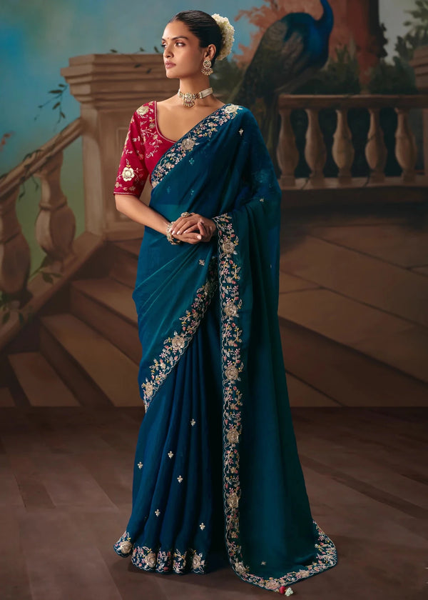 Peacock Blue Georgette Silk Saree with Red Contrast Blouse
